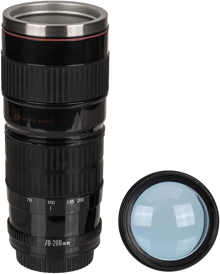 Plastic cup, large camera lens with stainless steel insert
