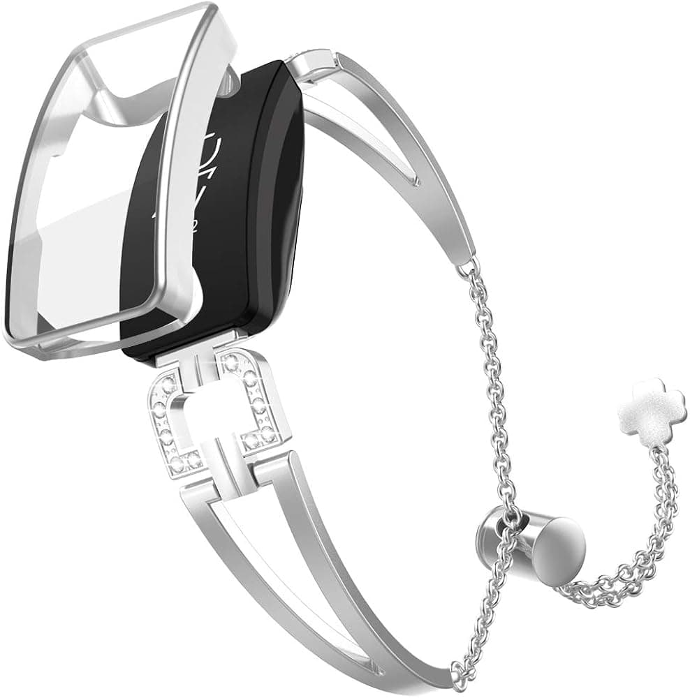 Mostof Bling Metal Bracelet Compatible with Inspire/Inspire HR Bands with Case, Women Girl Stainless Steel Jewelry Strap Bangle Replacement for Inspire/Inspire HR, Silver