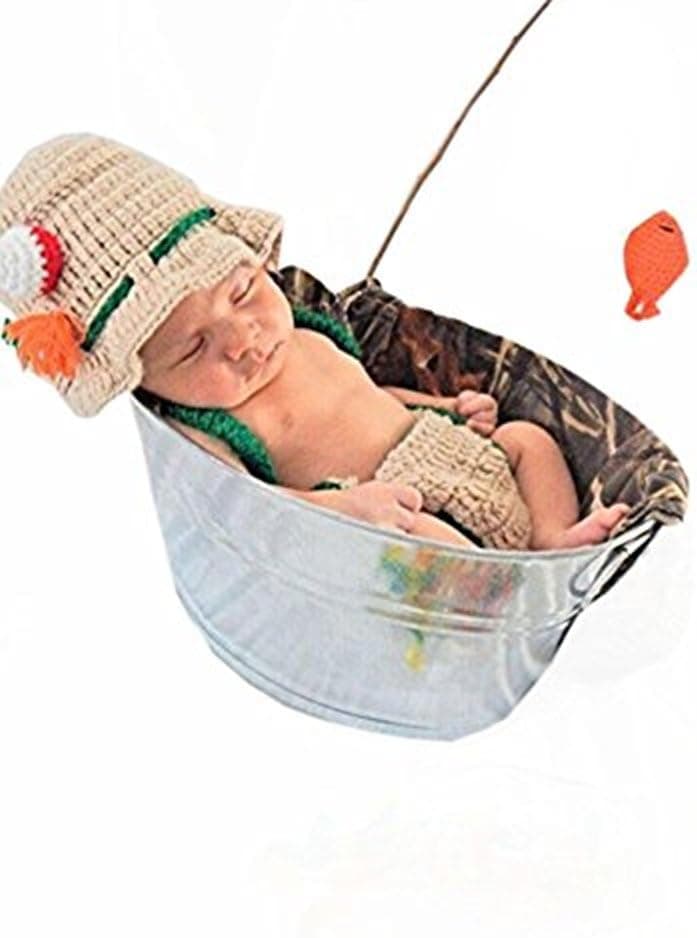 Pinbo Baby Photography Prop Crochet Fishing Fisherman & Fish Hat Diaper Shoes