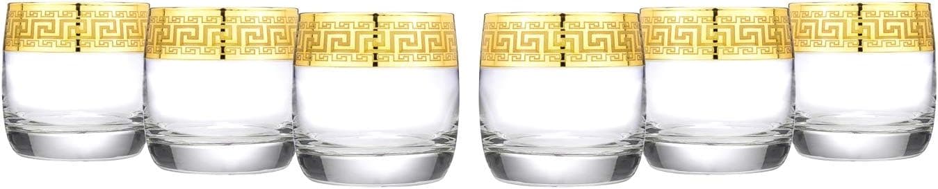 WORLD GIFTS Gold Rimmed Whisky Rocks Glass 6-piece DOF Set Greek Key Pattern Contemporary Drinkware