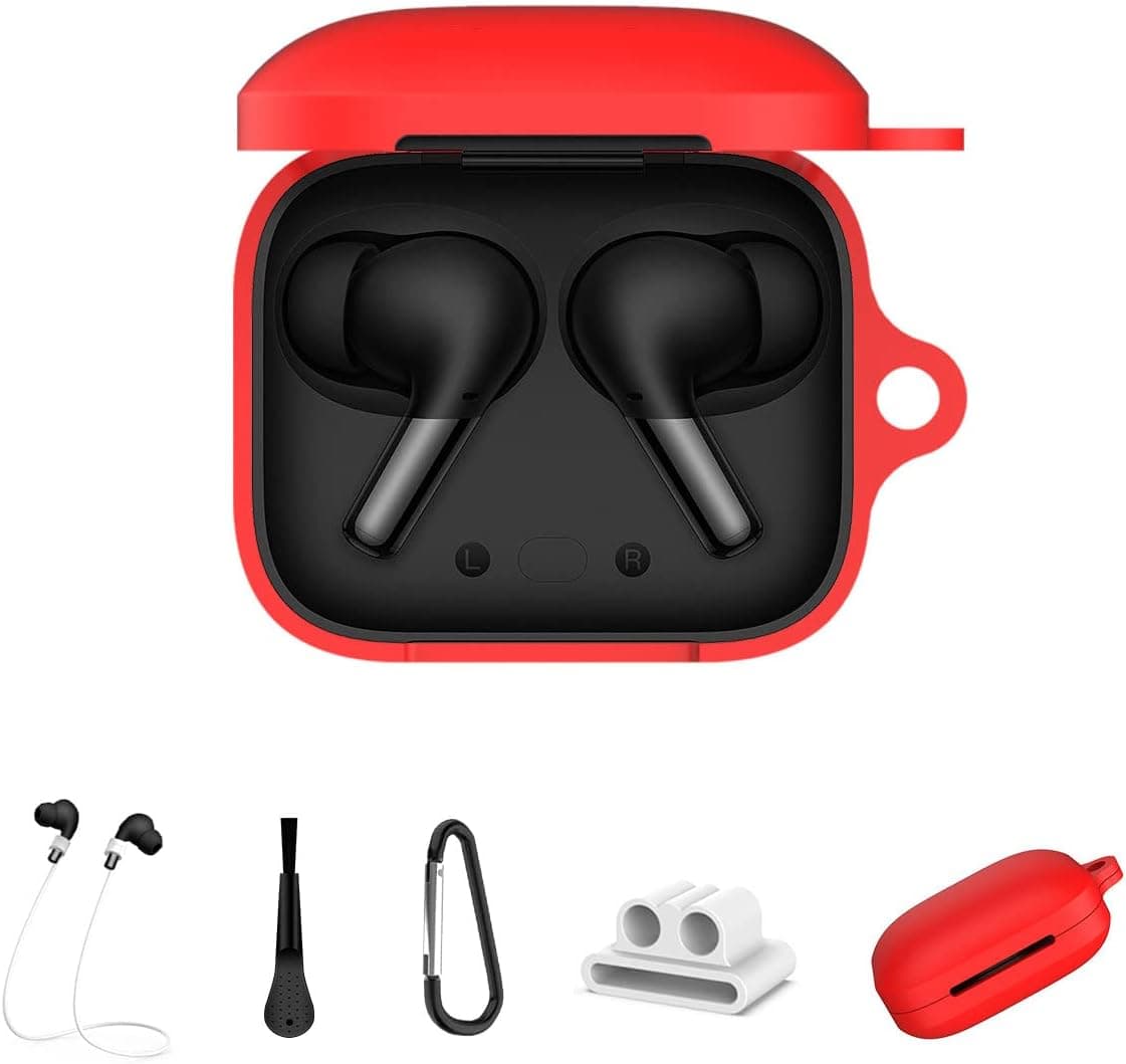 Woocon Case for OnePlus Buds Pro Charging Case,5 in 1 Soft Silicone Cover Accessories Protective Skin Sleeve for OnePlus Buds Pro 2 Wireless Earbuds with Keychain/Strap/Watch Band Holder/Brush(Red)