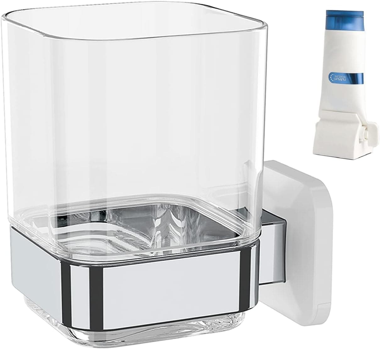 Wall-Mounted Tumbler and Toothbrush Holder, Wall Mounted Adhesive Hanging Electric Toothbrush Organizer Stand for Bathroom, No Drilling Required (White+Chrome, 3.93"X3.93"X2.97")