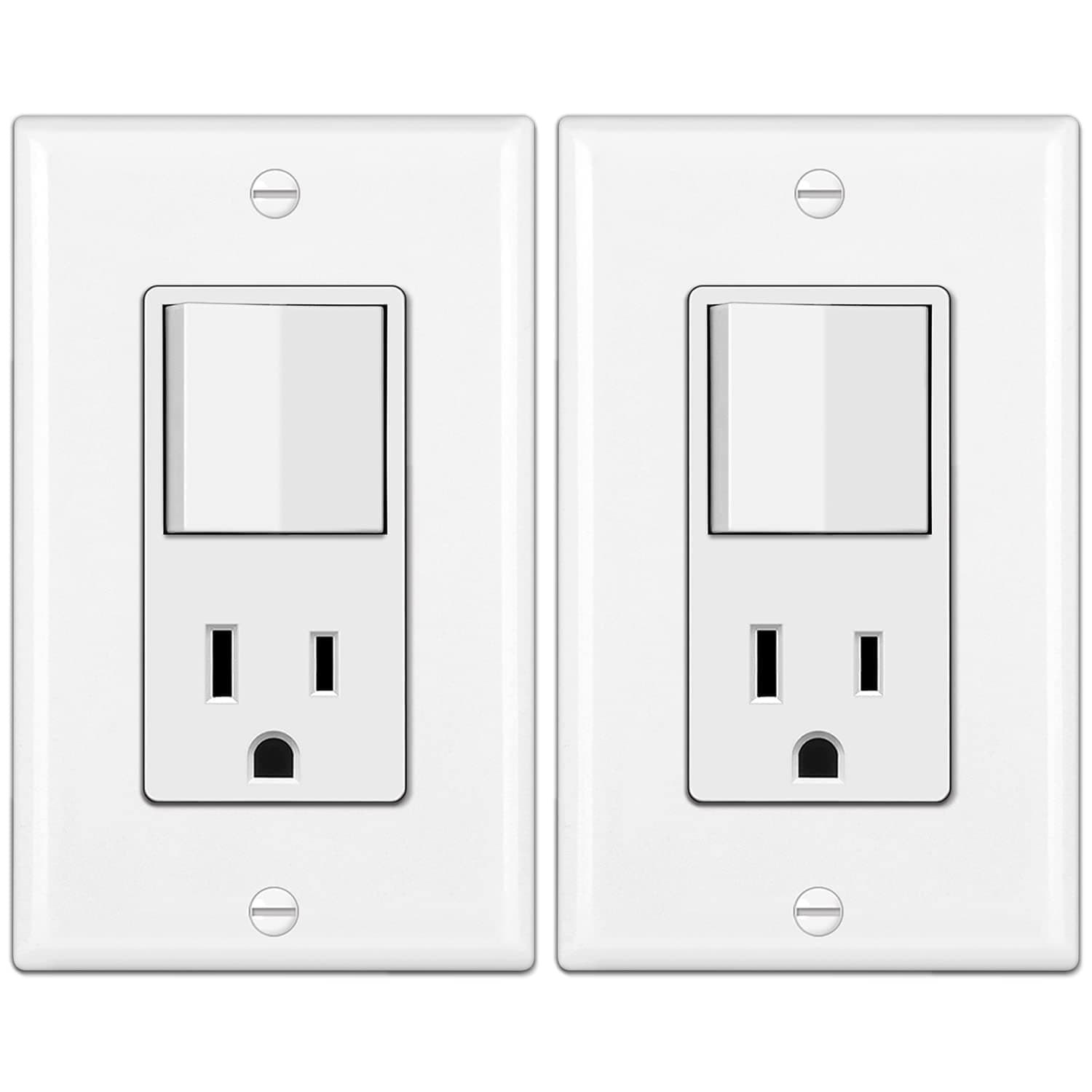 [2 Pack] BESTTEN Combination Wall Light Switch and Decor Outlet, Single Pole Rocker Switch, 15A/120V, Decorative Receptacle, 15A/125V, Combo Style, UL Listed, White