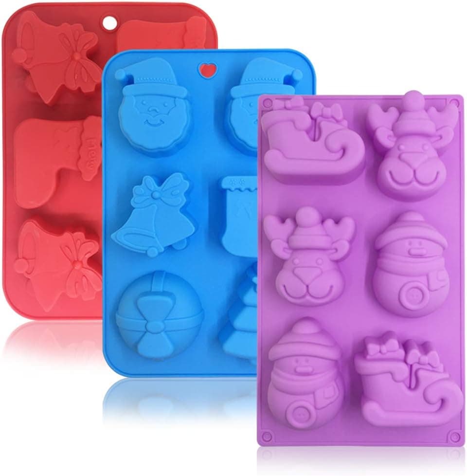 3 Pack Silicone Christmas Molds,Danzix Non-Stick Chocolate Jelly Baking mold for Party Xmas Gift,with Shape of Christmas tree,Elk,Socks,Bells,Gift, Snowman,Sleigh,Santa Claus -Red,Blue,Purple
