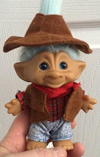 Ace Novelty Light Blue Hair Treasure Troll with Round Blue Wish Stone 4" Tall- COWBOY