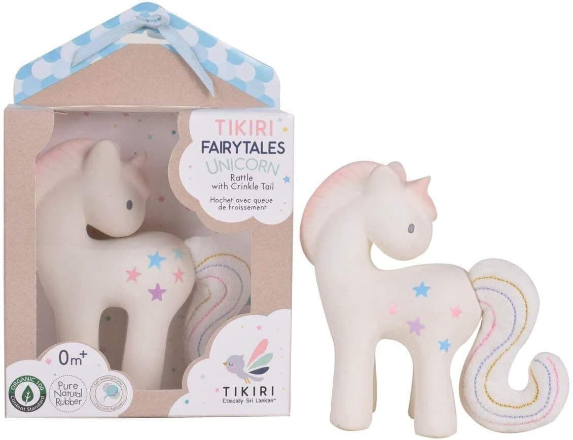 Tikiri Fairytales Cotton Candy Unicorn Natural Rubber Rattle with Crinkle Tail (White)