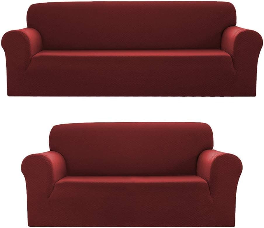 Bedding Haus 2pc Couch Slip Cover Set (Sofa, Loveseat), Stretch Form-fit, Furniture Protector, Plaid Pattern, Premium Polyester/Spandex, Daisy, 2pc Burgundy