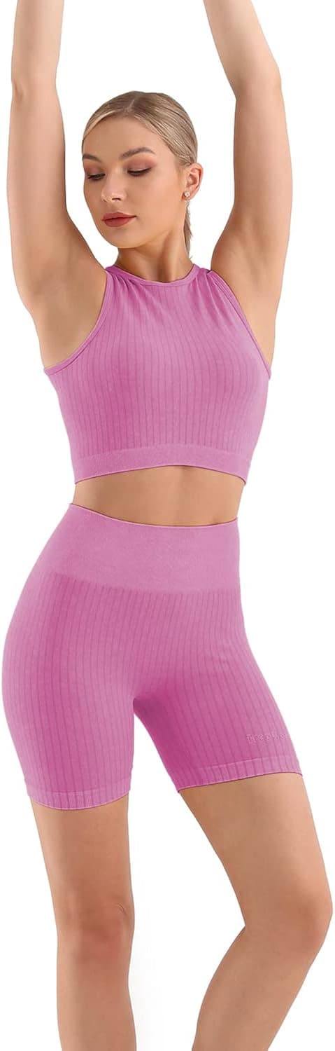 Workout Outfits For Women 2 Piece Seamless Crop Top High Waist Shorts Yoga Sets
