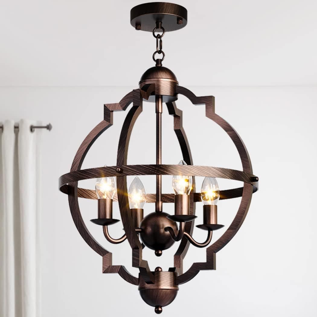 Farmhouse orb Metal Chandelier，4-Light Vintage Handmade Rustic Wood Pendant Hanging Light Fixture for Kitchen Island Dining Room Living Room Bedroom Foyer Hallway