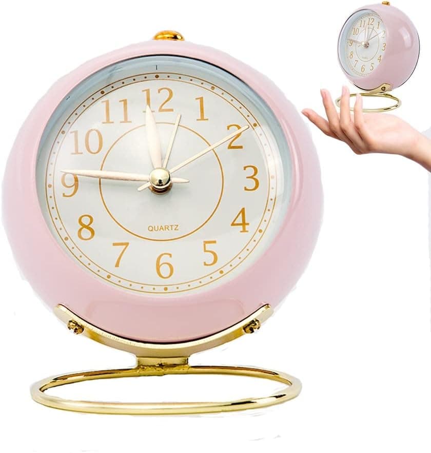 Small Desk Clock Retro Bedside Table Analog Vintage Aesthetic Clock Alarm Clocks Battery Operated Clock for Bedrooms Living Room (Pink)
