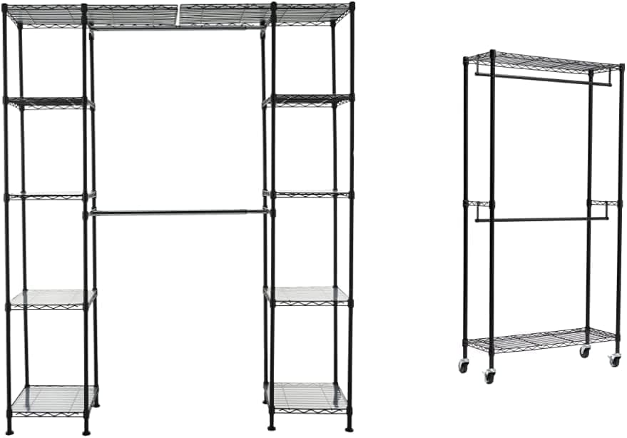 Amazon Basics Double Hanging Rod Garment Rolling Closet Organizer Rack, Black & Expandable Metal Hanging Storage Organizer Rack Wardrobe with Shelves, 14"-63" x 58"-72", Black