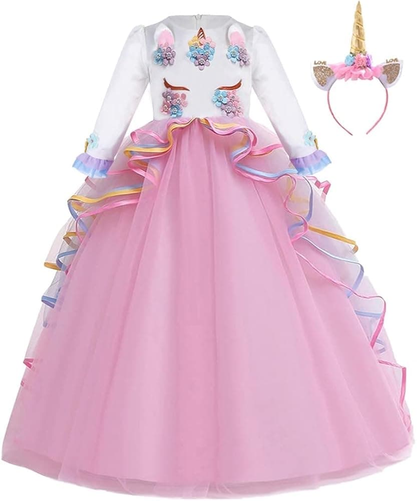 HIHCBF Girls Unicorn Birthday Princess Long Sleeve Wedding Pageant Party Maxi Dress Halloween Carnival Costume w/Headband