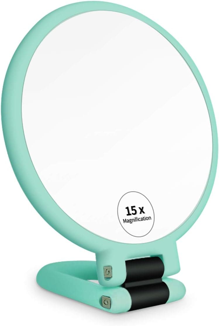 FUHUIM 1x 15x Magnifying Handheld Mirror, Double Sided Handheld Mirror with Foldable Hand, Portable Travel Mirror with Magnification for Girls Woman(Green)