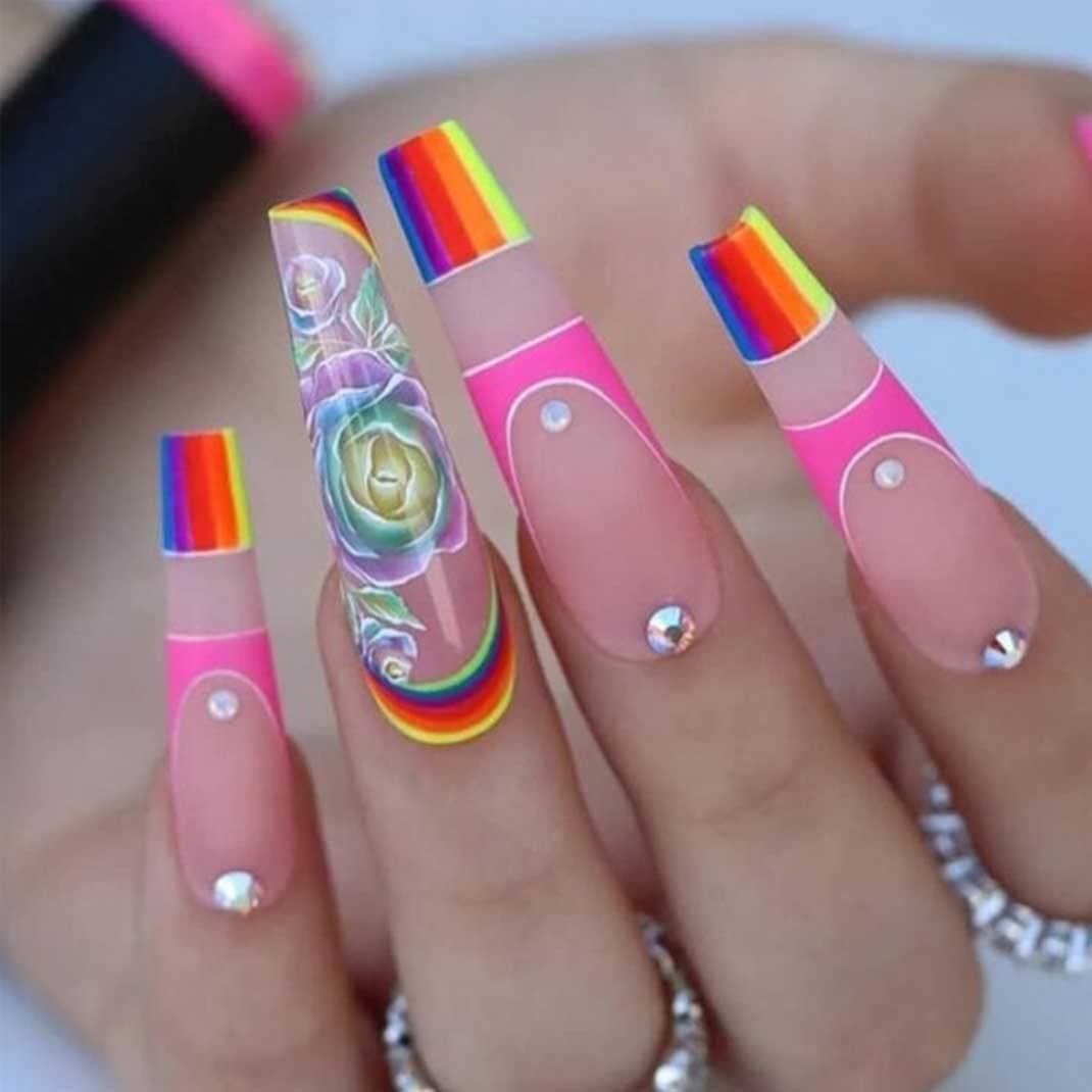 Enppode French Tip Nails Coffin Press on Nails Long Stick on Nails for Women with Rhinestones Rainbow Matte Nails