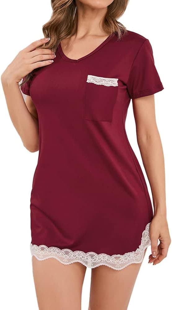 Sotimoon Women's Nightgowns Short Sleeve Sleepshirts V Neck Nightshirt Lace Trim Soft Sleepdress Loungewear