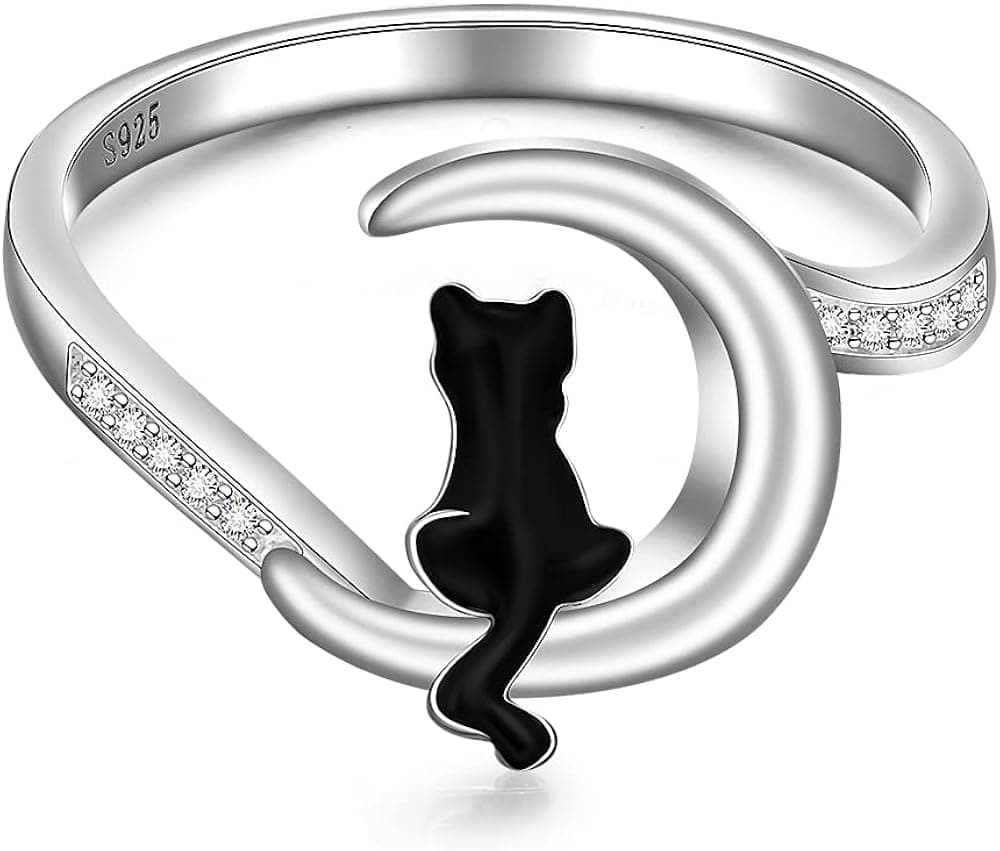Cat Sterling Silver Ring Moon Accessories Cat Rings for Women Cute Style 925 Animals Kitty Ring Jewelry for Girls Sister Friends Girlfriend Size 7 8 9