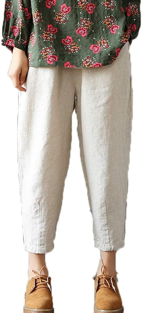 LaovanIn Women's Linen Cropped Pants Tapered Ankle Capris Trousers Elastic Waist