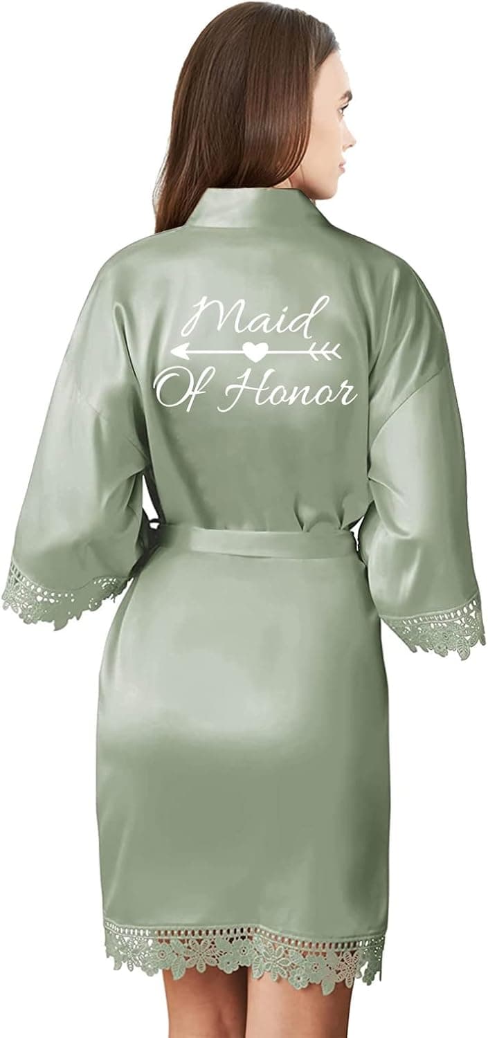 owiter Sage Women's Satin Robe Lace Trim Kimono Robes Silk Bathrobe Bridesmaid Robes Wedding Party Loungewear Sleepwear