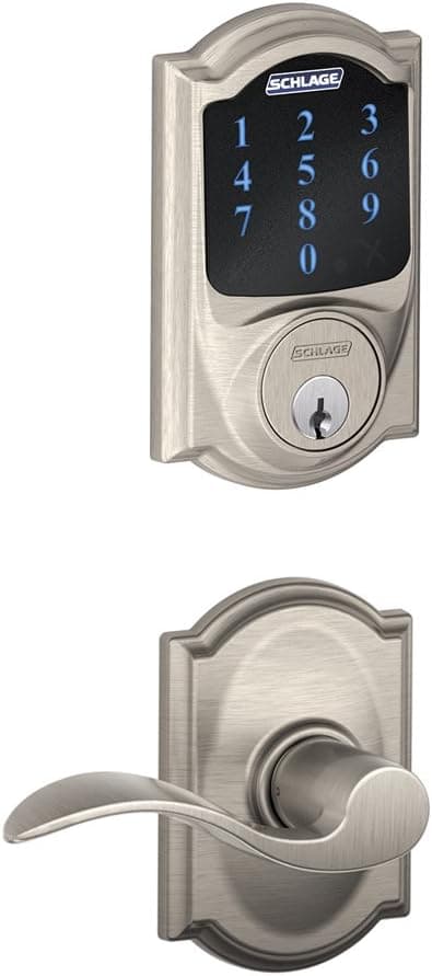 Schlage Connect Camelot Touchscreen Deadbolt with Built-In Alarm and Accent Passage Lever , Satin Nickel, FBE469NX ACC 619 CAM