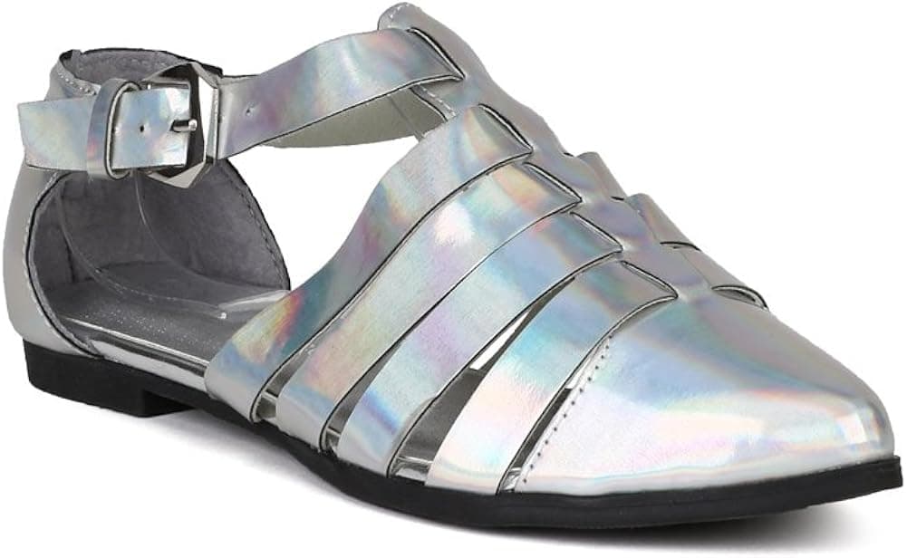 Nature Breeze Kingston-01 Women Metallic Leatherette Strappy Cut Out Buckle Fisherman Flat AG56 - Silver