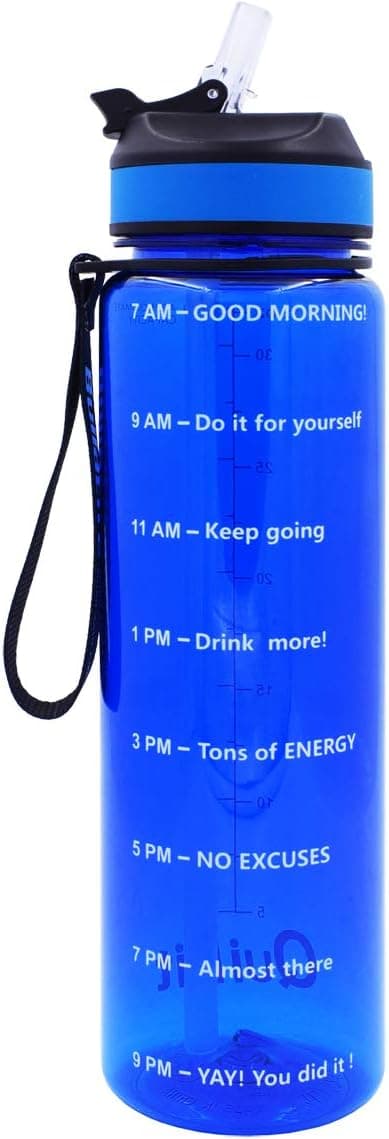 QuiFit 32 oz Motivational Water Bottle - with Time Marker & Straw Lid,Cycling Sport Water Bottle,Non-Toxic BPA Free,Leak-Proof,for Fitness and Outdoor Enthusiasts (Blue)