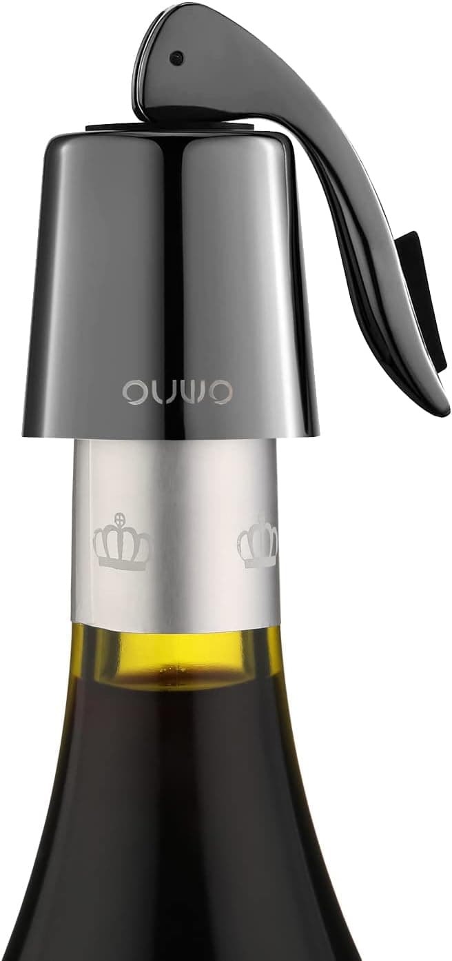 OUWO Wine Stopper Stainless Steel Wine Bottle Stoppers Plug with Silicone Wine Toppers Stopper Reusable Wine Cork Superior Leak-Proof Keeps Wine Fresh Best Gift Accessories Metalblack 1 pack