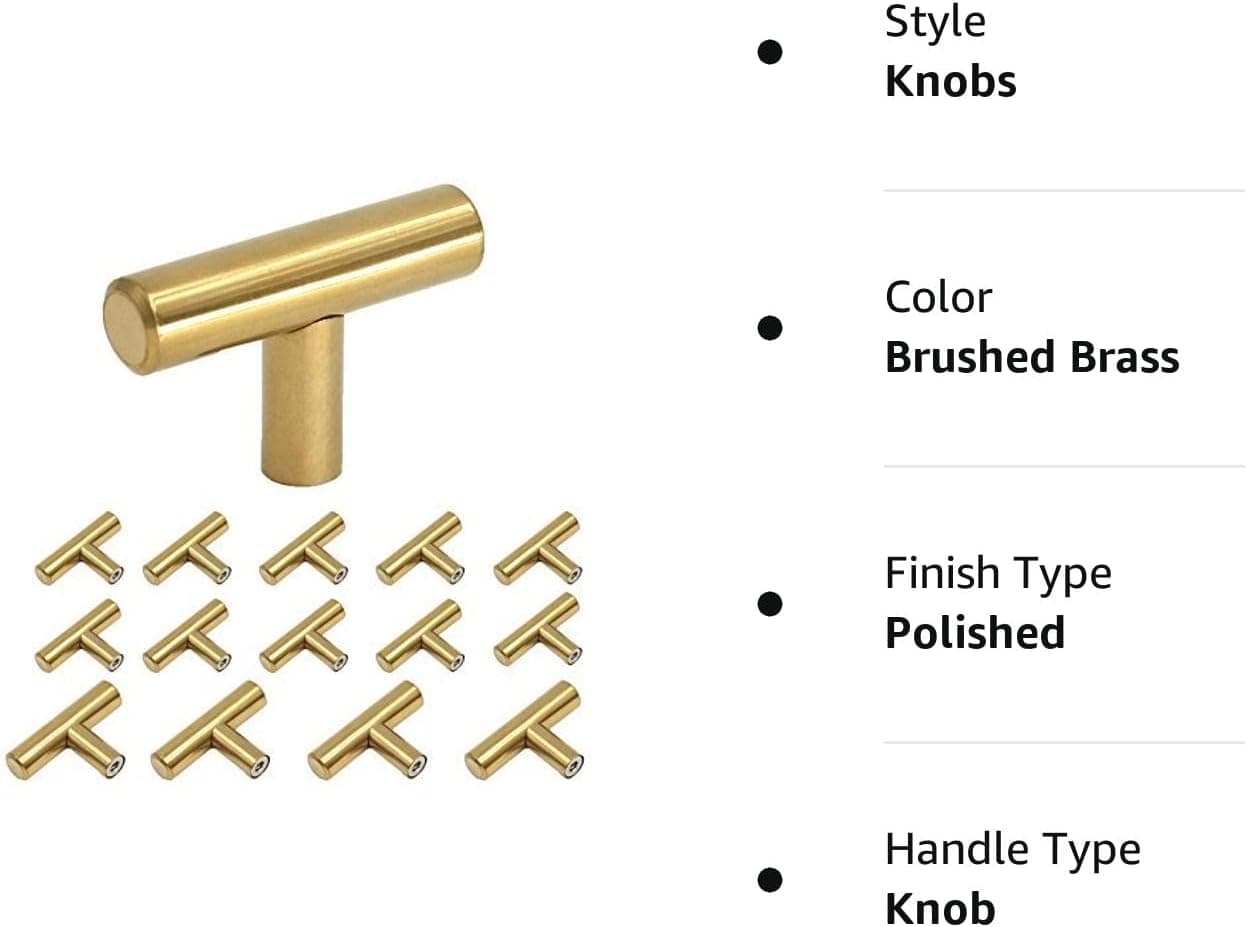 homdiy Gold Cabinet Knobs 15 Pack Cabinet Hardware Knobs Polished Brass - HD201PB Single Hole T Knob with 2in Overall Length Drawer Pulls and Knobs Gold