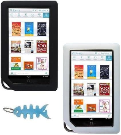 Two Silicone Skin Case Cover (One Black & One Clear/White) + Light Blue Fishbone Style Keychain for Barnes and Noble Nook Color and Nook Tablet