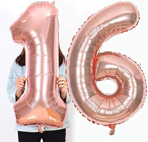 AQUEENLY 16th Birthday Balloons, 40 Inch 16 Number Birthday Decorations Party Supplies, Rose Gold