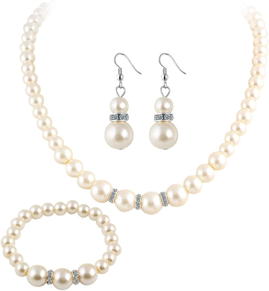 XHMBXY Silver Plated Faux Pearl Necklace Earring Bracelet Jewelry 3 Piece Suit