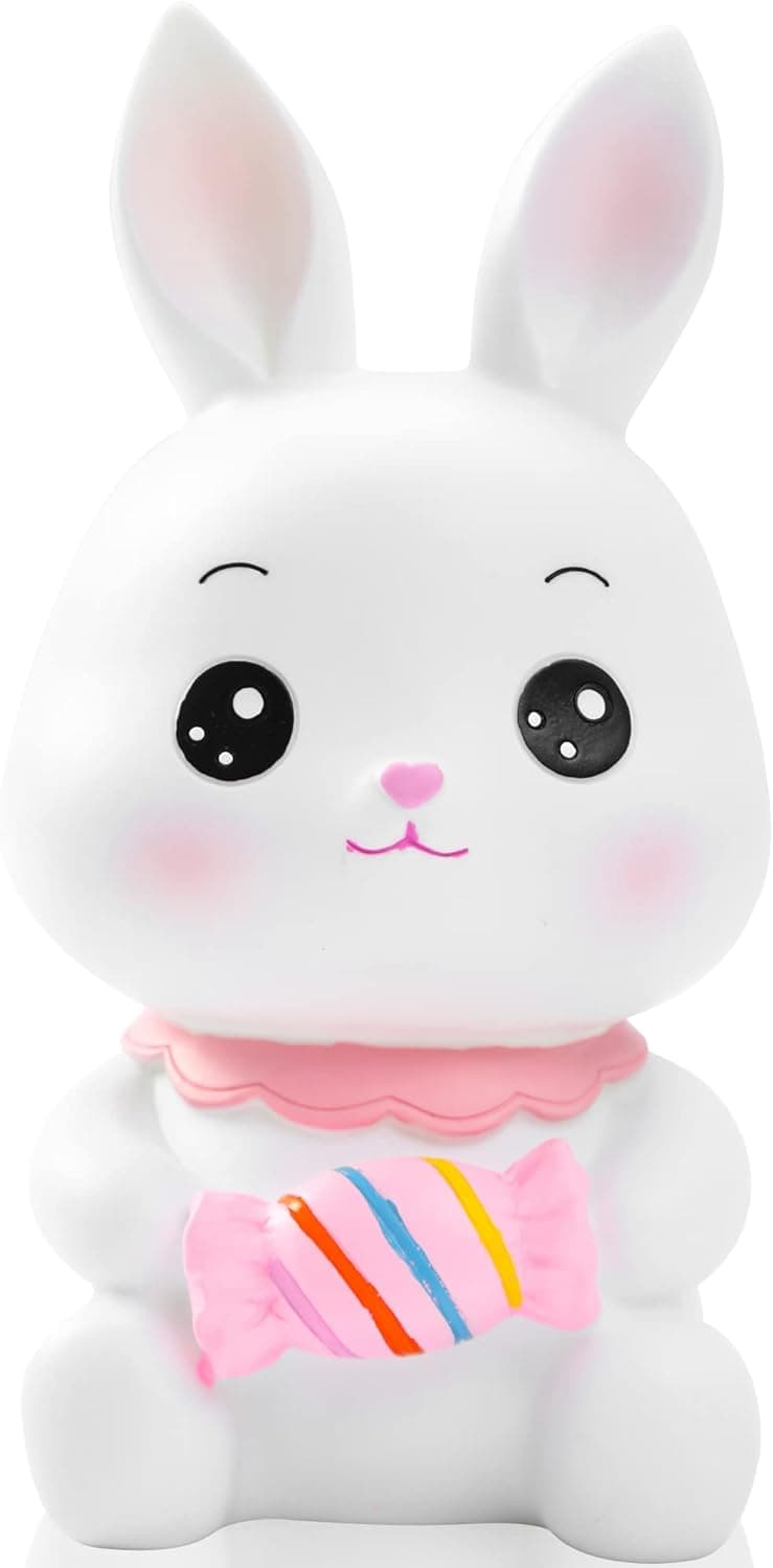 H&W Cute White Bunny Coin Bank with Candy, Shatterproof Rabbit Money Bank, Creative Money Bank, Can Store 1000 Coins, Best Bitrthday Gift