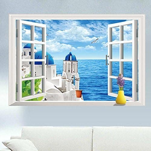 3D Huge Aegean Sea & Castle Wall Decals Fake Windows Landscape Environmental Protection Removable Wall Decals Window View Wall Art Wallpaper Mural Wall Sticker Peel & Stick
