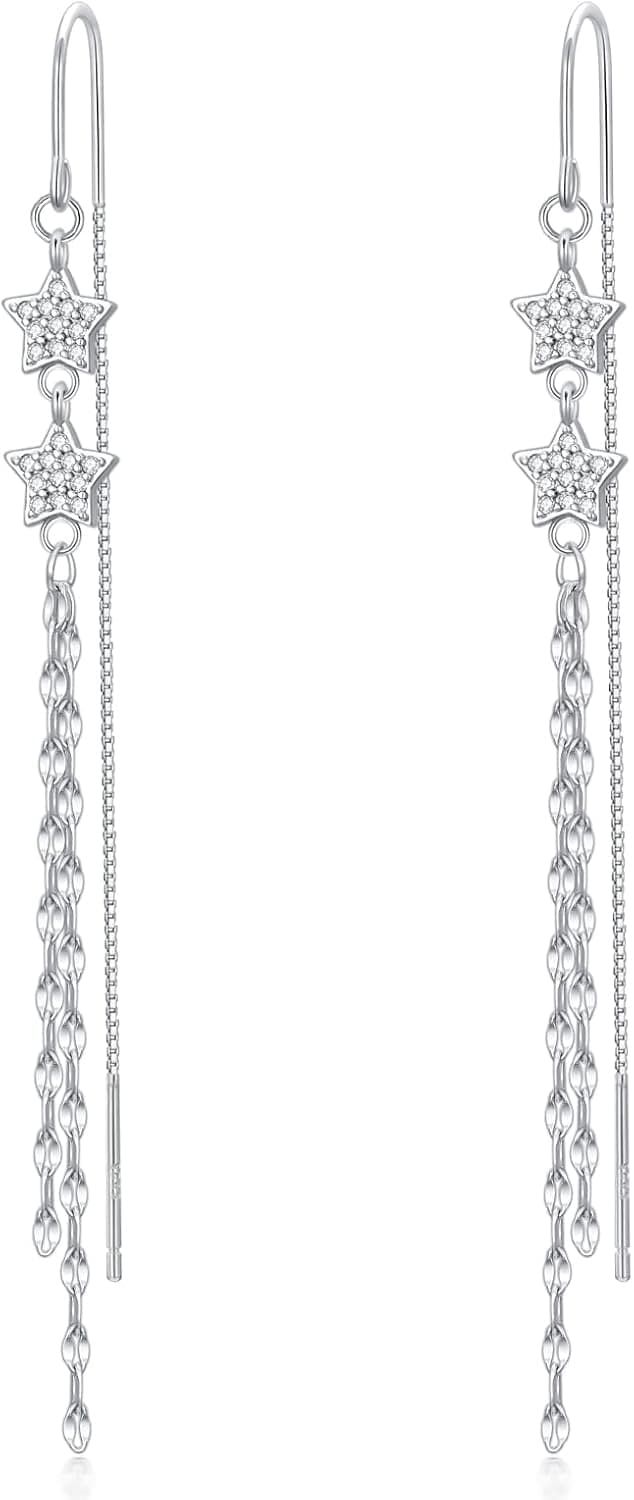 925 Sterling Silver Threader Earrings with Cubic Zirconia Daisy Flower Teardrop Love Knot Linear Star Mermaid Tail Leaf Tassel Dangle Drop Charm Earrings Pearl Stud Earrings Jewelry for Women