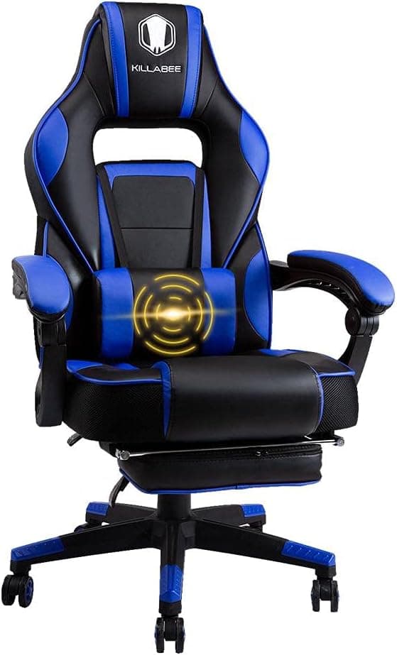 VON RACER Massage Gaming Chair, Desk Office Chair High-Back Swivel Computer Chair with Retractable Footrest and Adjustable Lumbar Support