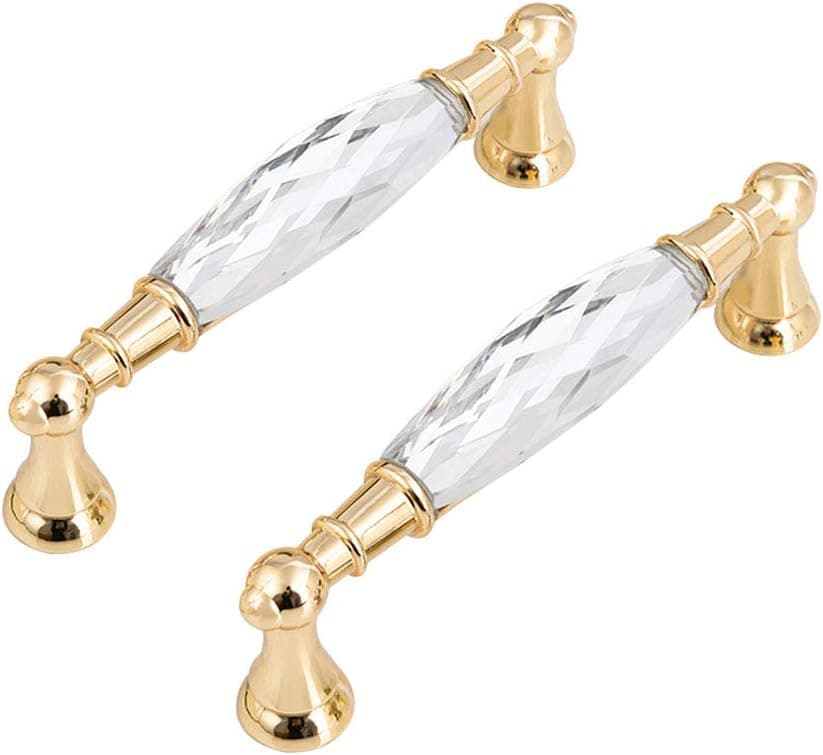 MFYS 2Pcs Crystal Drawer Pulls Handles 3.75"(96mm) Hole to Hole Clear Glass Cabinet Pulls Knobs and Dresser Pulls Gold Drawer Pull Handle for Bathroom (3.75" Hole to Hole)