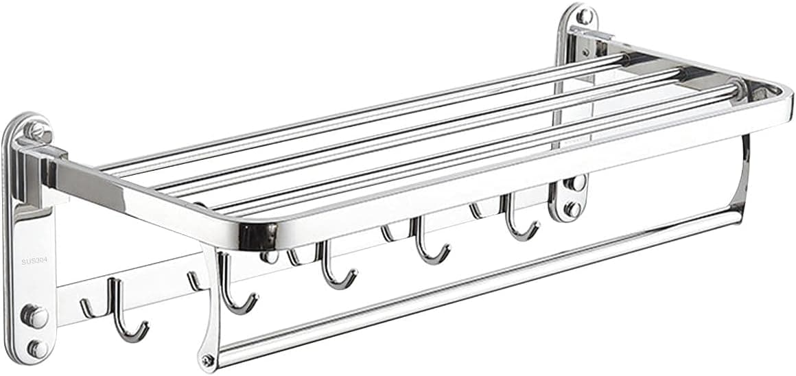 Towel Racks for Bathroom Wall Mounted 23.2 Inch Foldable Double Towel Holder with Towel Bar and 5 Towel Hooks for Bathrooms SUS 304 The Towel Hanger for Hotel/Bathroom/Kitchen/Pool etc