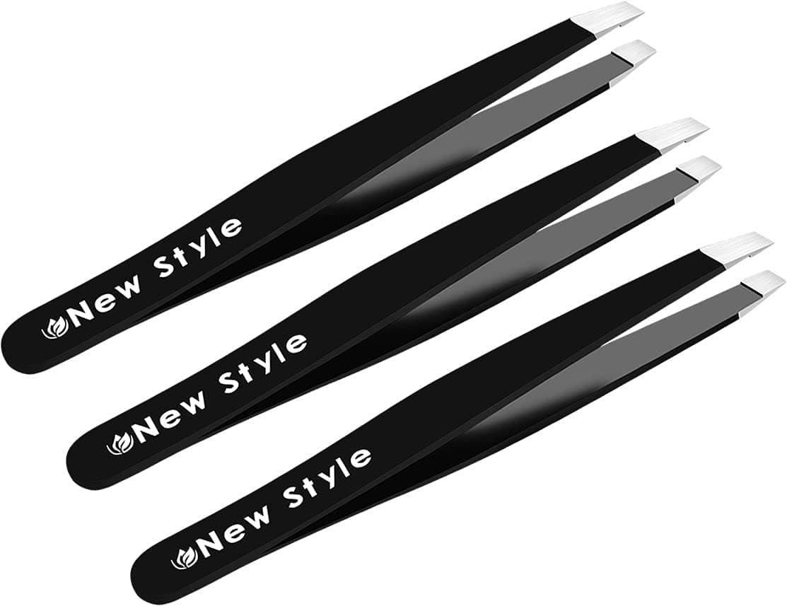 Slant Tweezers (3-Pack) – Professional Slant-Tip Tweezers in Separate Sleeves for Eyebrows and Facial Hair – Premium Stainless Steel Brow Shaping Hair Plucker for Expert Precision Personal Care