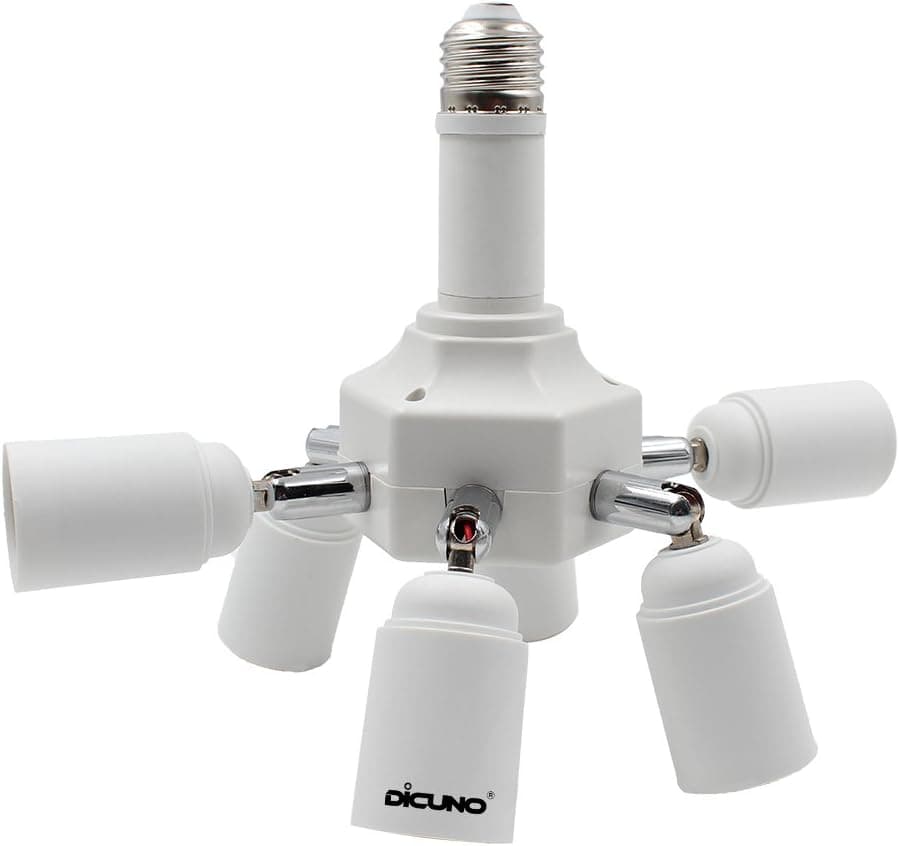 DiCUNO Light Socket Splitter 7 Way Adapter, 7 in 1 E26 Socket Converter, 6+1 Splitter Bulb Lamp Holder 360 Degrees Adjustable 180 Degrees Bending
