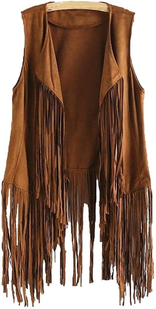 Women Faux Suede Fringe Vest 70s Hippie Clothes Open-Front Sleeveless Tassel Cardigan Waistcoat Jacket Outwear Tops