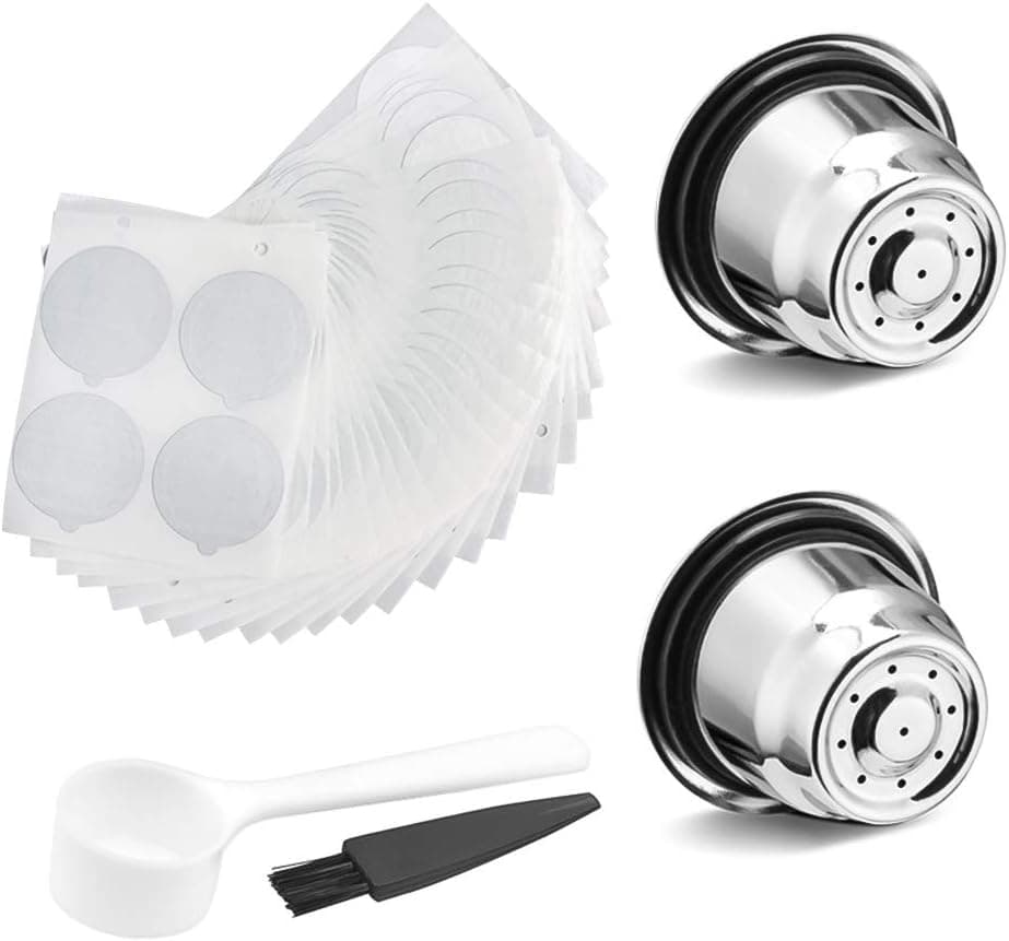 POWSTRO K 2PCS Stainless Steel Coffee Filter Capsules, Reusable Espresso Bean Pods Replacement Capsules with 100 sticker Film with Scoop Brush