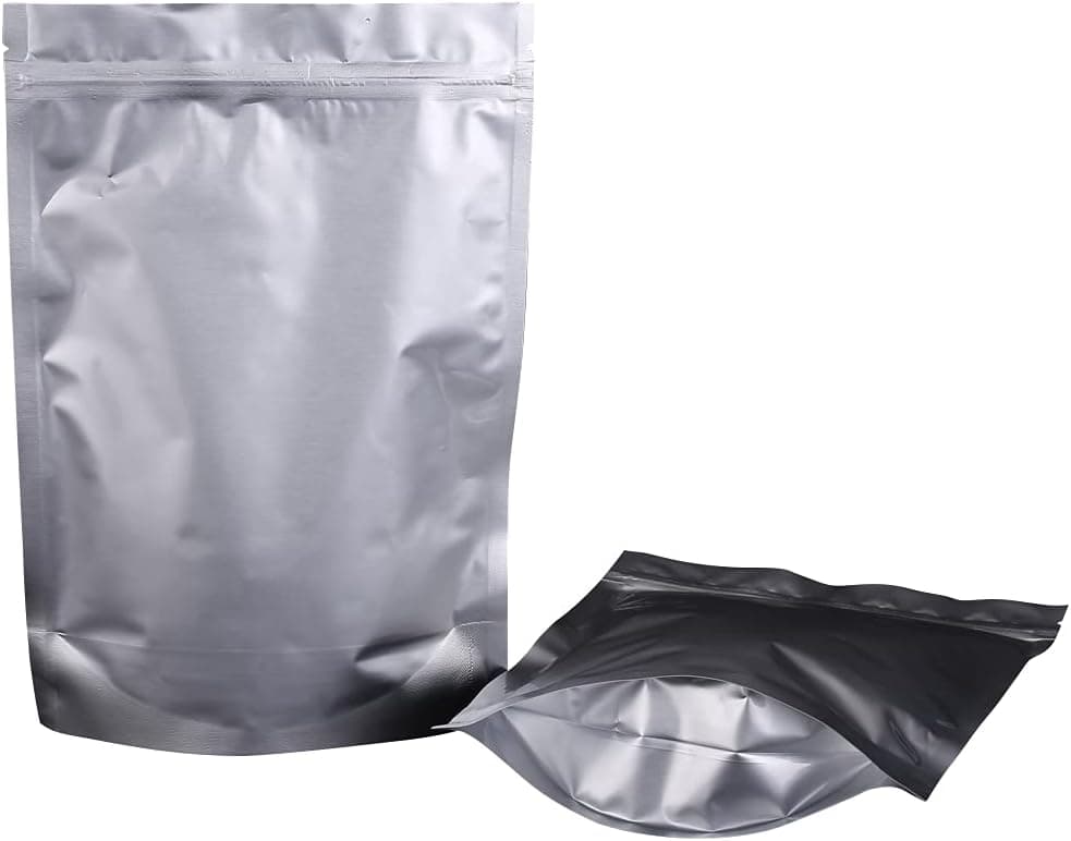 QIQIDAI Resealable Mylar Food Storage Bags , Stand Up Foil Pouch Bag , Matte Double-Sided Aluminum Foil Pouch Bags for Coffee Beans Cookie Snack Dried Flowers with Label sticker ( Silver ,8.3 x 12.2 Inches, Pack of 50)