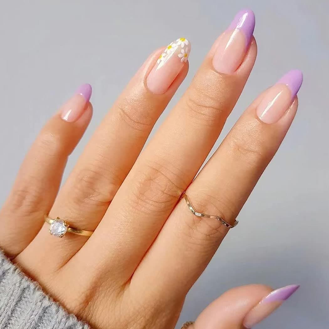 Aksod Glossy Floral Press on Nails Medium Oval Purple Fake Nails Cute Flower Print French Manicure Full Cover Artificial False Nails Tips for Women and Girls 24Pcs (Style B)