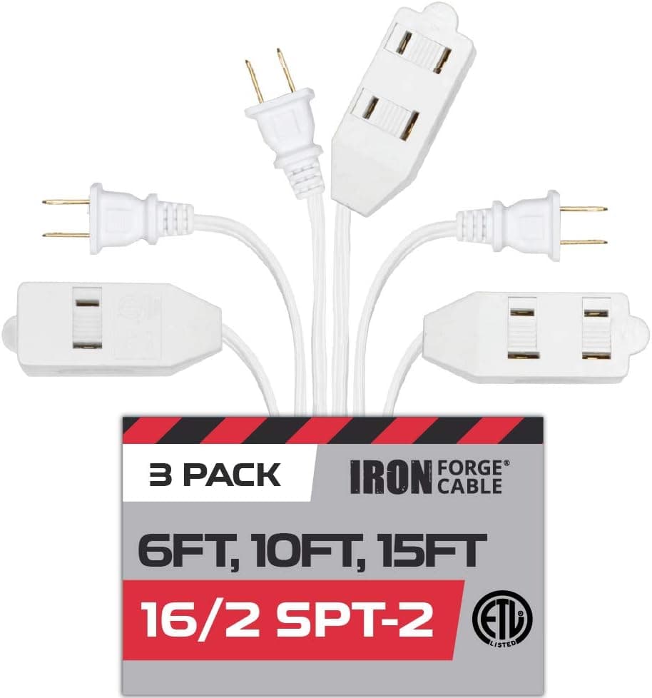 Iron Forge 2 Prong White Extension Cord 3 Pack, 6ft 10ft & 15ft - 16/2 Durable Electrical Cable with 3 Outlets, Household Extension Cord Bundle for Home, Office, Compatible with Major Appliances