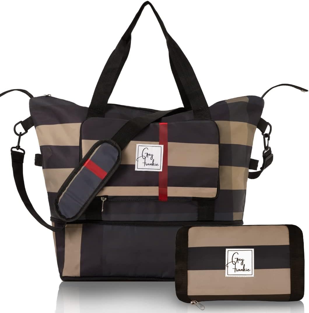 Foldable Travel Bag Woman Men, Folding Travel Duffel Bag Tote, Foldable Overnight Bag, Personal Item Travel Tote, Foldable Carry On Bags with Luggage Sleeve for Airplanes, Gym Bag – Khaki Plaid