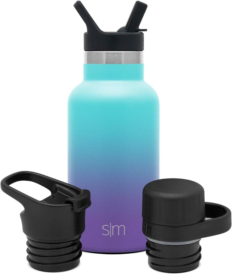 Insulated Water Bottle with 3 Lids: Straw, Flip, and Chug - Kids Reusable Ascent Narrow Mouth Stainless Steel Thermos Flask, Ombre: Tropical Seas, 12oz with 3 Lids