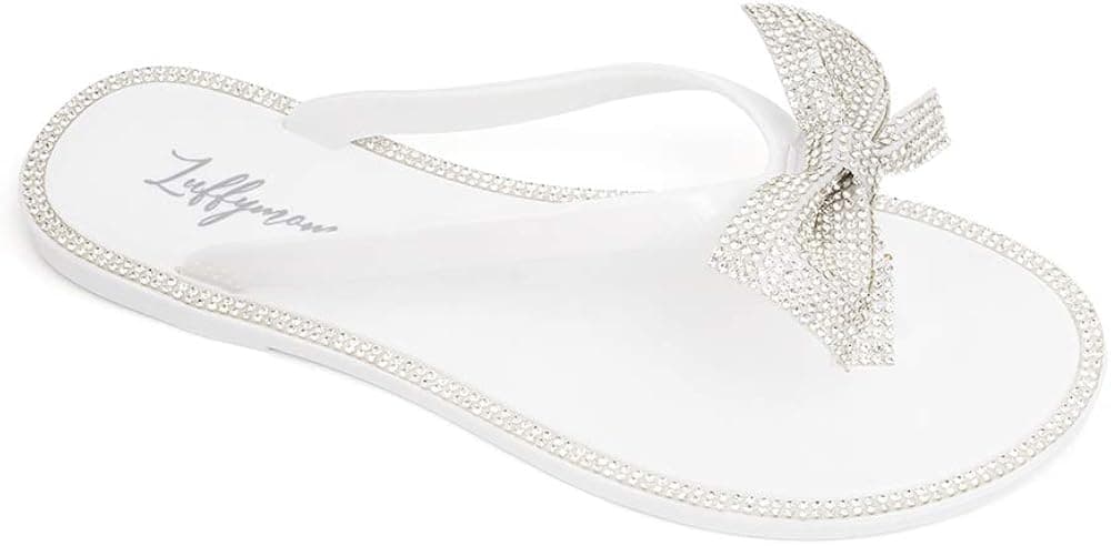 Luffymomo Womens Rhinestone Bowtie Flip Flops Summer Beach Jelly Rain Flat Sandals(9 M US White)