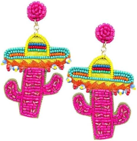 Large Seed Beaded Sombrero Hat Cactus Dangle Earrings, Statement Earrings