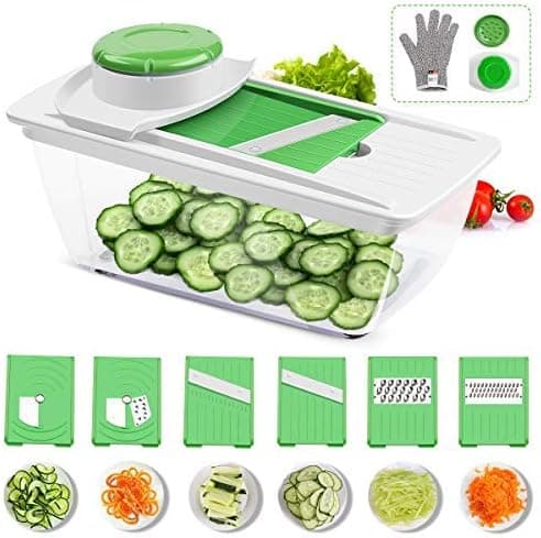 CORAFEI Spiralizer-Vegetable Cutter with 6 Interchangeable Stainless Steel Blades Kitchen Food Fruit Julienne Chopper Cheese Grater with Hand Protector and Glove