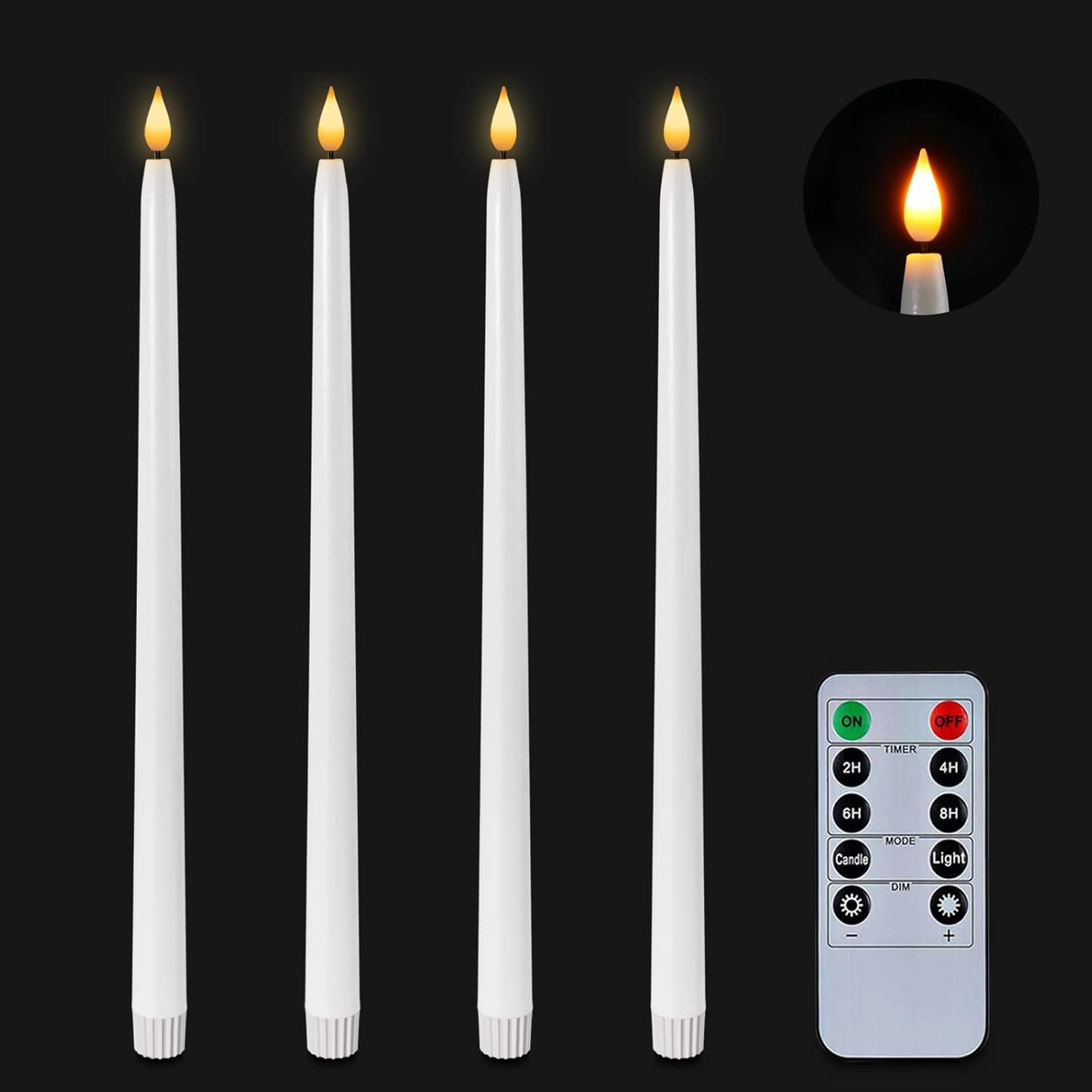 Homemory 15 inches Real Wax Flameless Taper Candles with Remote Timer, 4Pack White LED Taper Candles Battery Operated with 3D Flickering Flame, Window Candles Led Candlesticks for Dinners Home Decor
