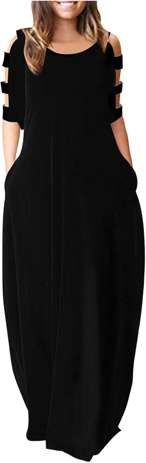 Tavorpt Dresses for Women, Women's Casual Summer Hollow Sleeve Plain Print Casual Maxi Long Dress Beach Sundress Dress